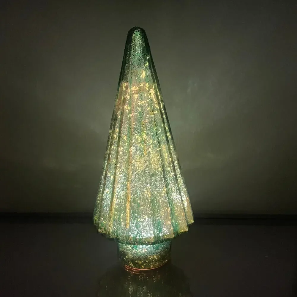 Illuminated Glass Christmas Tree 14.5in Iridescent GREEN Chic Holiday Decor New